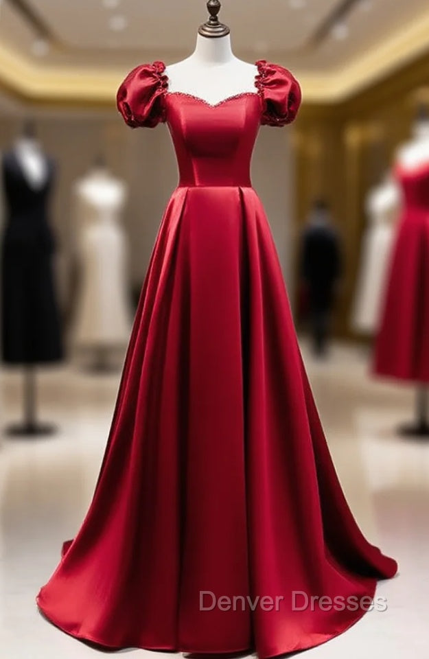 Burgundy Satin Square Puff Sleeve Beding Prom Dress Main image