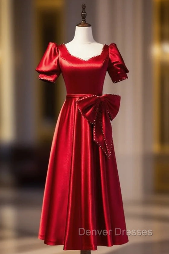 Burgundy Satin Square Puff Sleeve Pearls Bow Prom Dress Main image