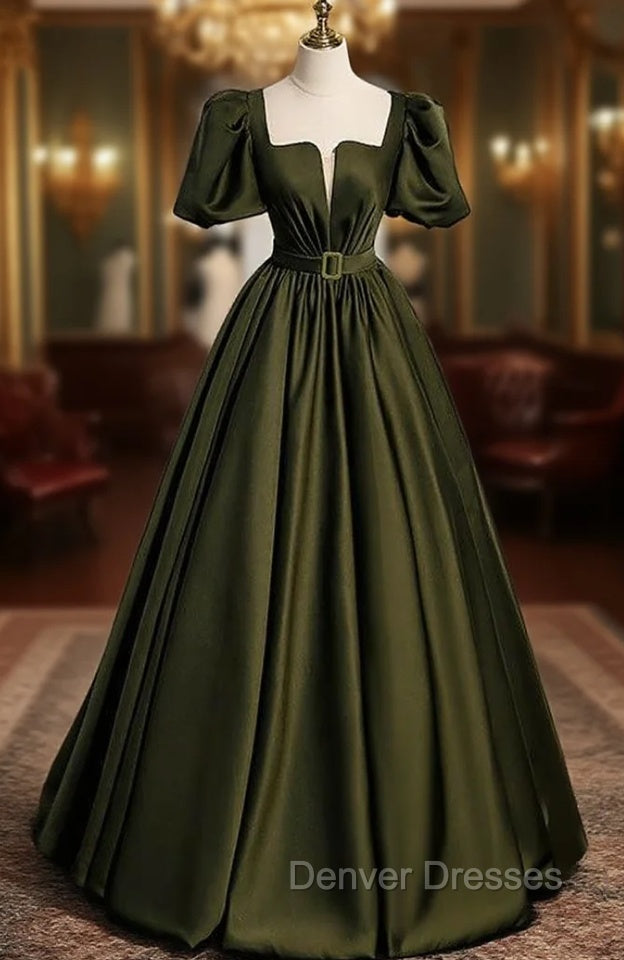 Burgundy Satin Square Puff Sleeve Pleats Prom Dress
