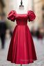 Burgundy Satin Square Puff Sleeve Prom Dress