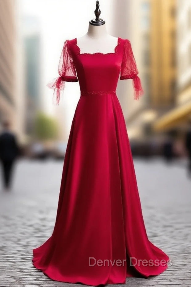 Burgundy Satin Square Short Sleeve Beading Prom Dress Main image