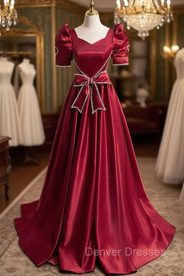 Burgundy Satin Square Short Sleeve Bow Prom Dress