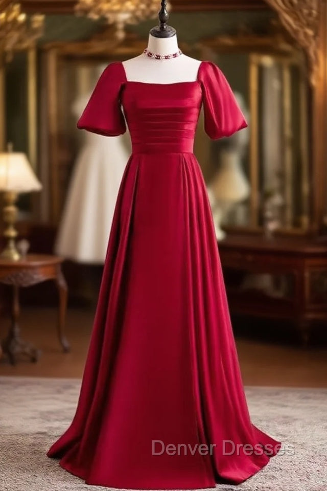 Burgundy Satin Square Short Sleeve Prom Dress