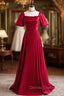 Burgundy Satin Square Short Sleeve Prom Dress