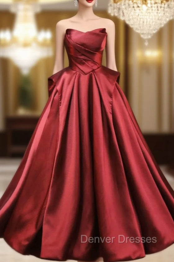 Burgundy Satin Srapless Pleats Prom Dress Main image