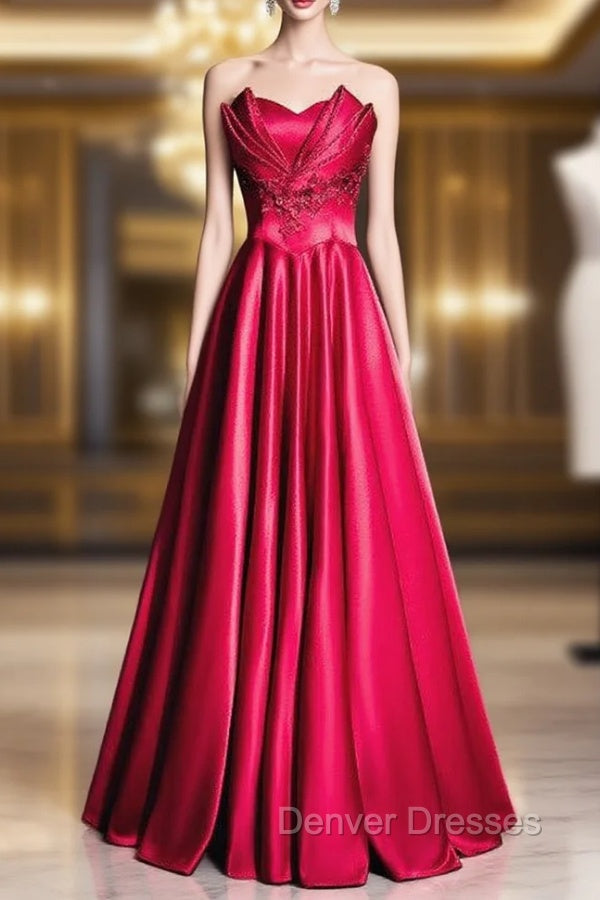 Burgundy Satin Strapless Beading Prom Dress Main image