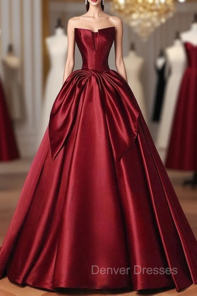 Burgundy Satin Strapless Bow Prom Dress Main image