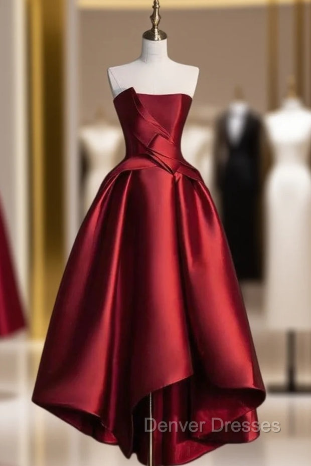 Burgundy Satin Strapless Prom Dress