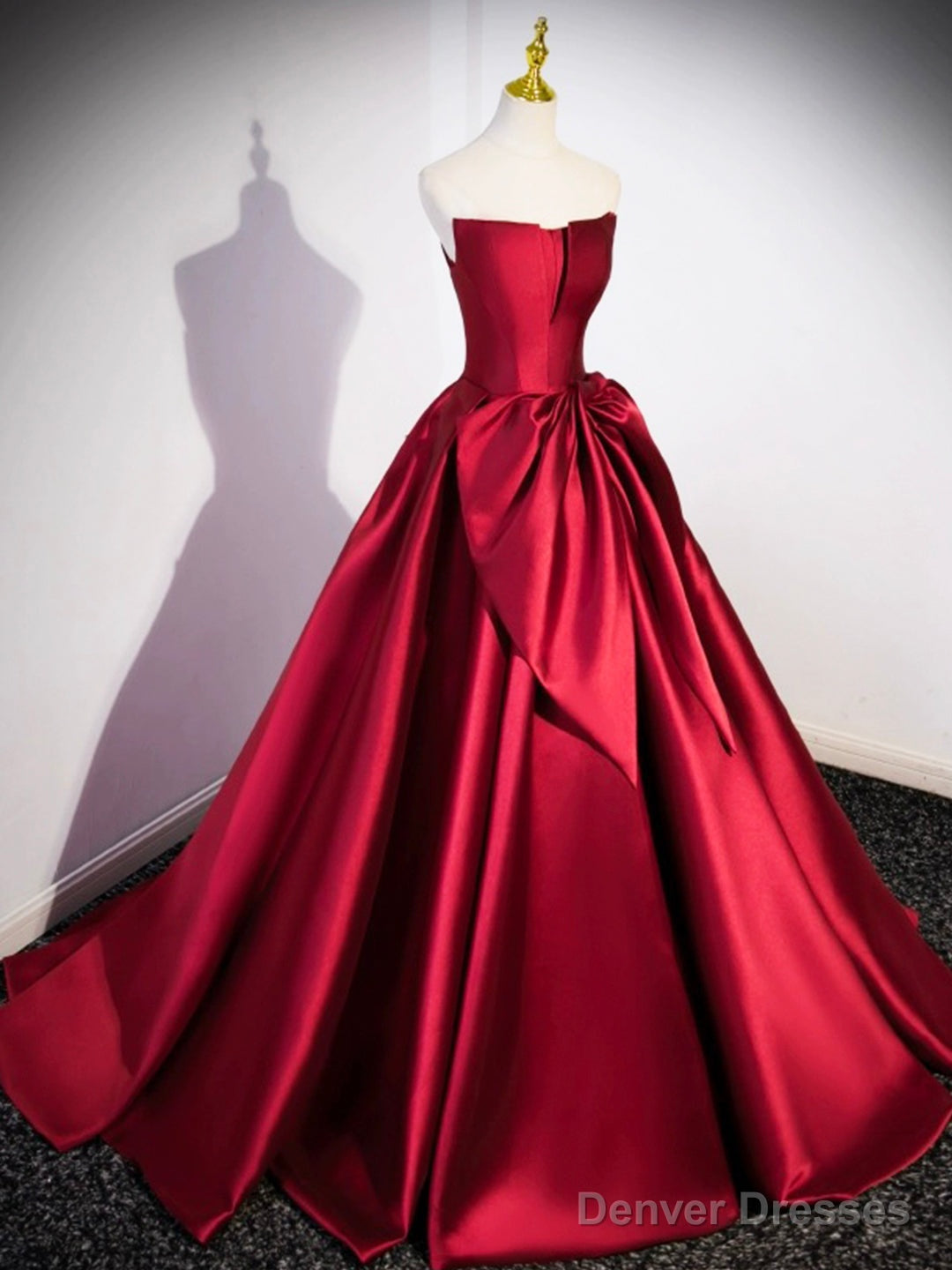 Burgundy Satin Strapless Long Prom Dress, Beautiful A-Line Evening Party Dress