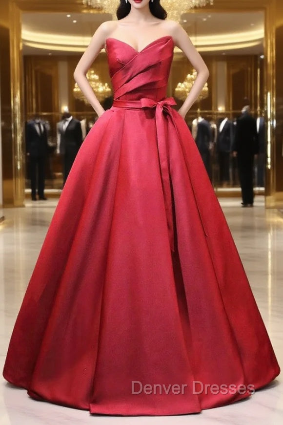 Burgundy Satin Strapless Pleats Prom Dress With Belt Main image