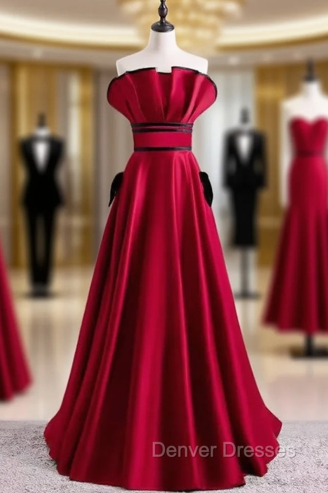 Burgundy Satin Strapless Pleats Prom Dress Main image