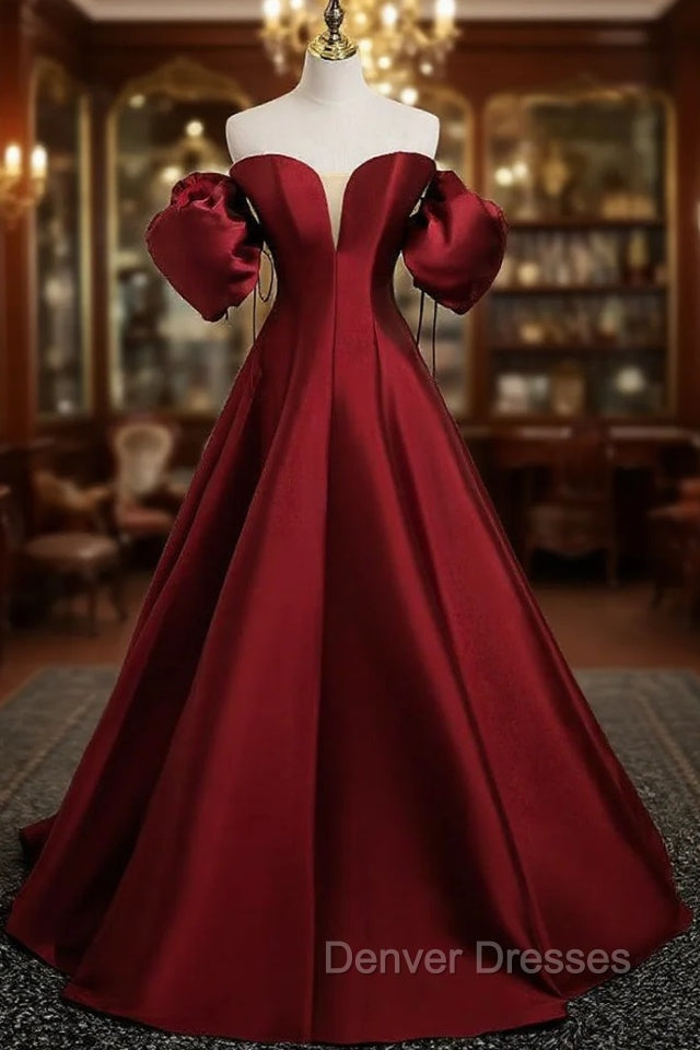 Burgundy Satin Strapless Puff Sleeve Prom Dress