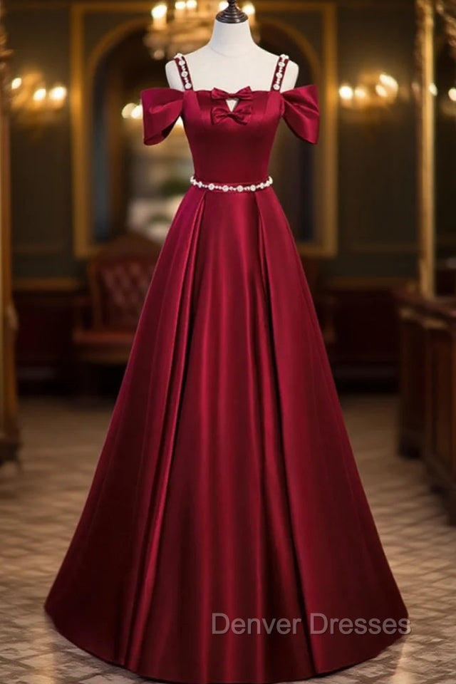 Burgundy Satin Straps Bow Prom Dress Main image
