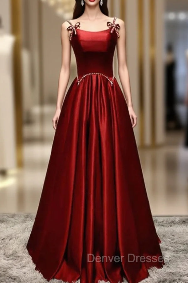Burgundy Satin Straps Pearls Prom Dress