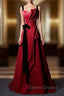 Burgundy Satin Straps Pleats Black Velvet Prom Dress
