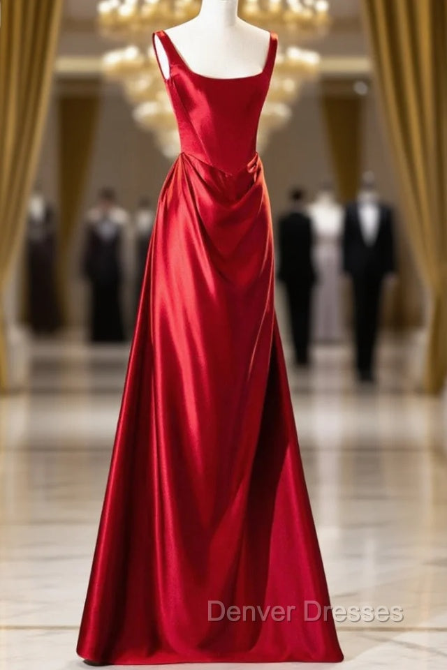 Burgundy Satin Straps Pleats Prom Dress Main image