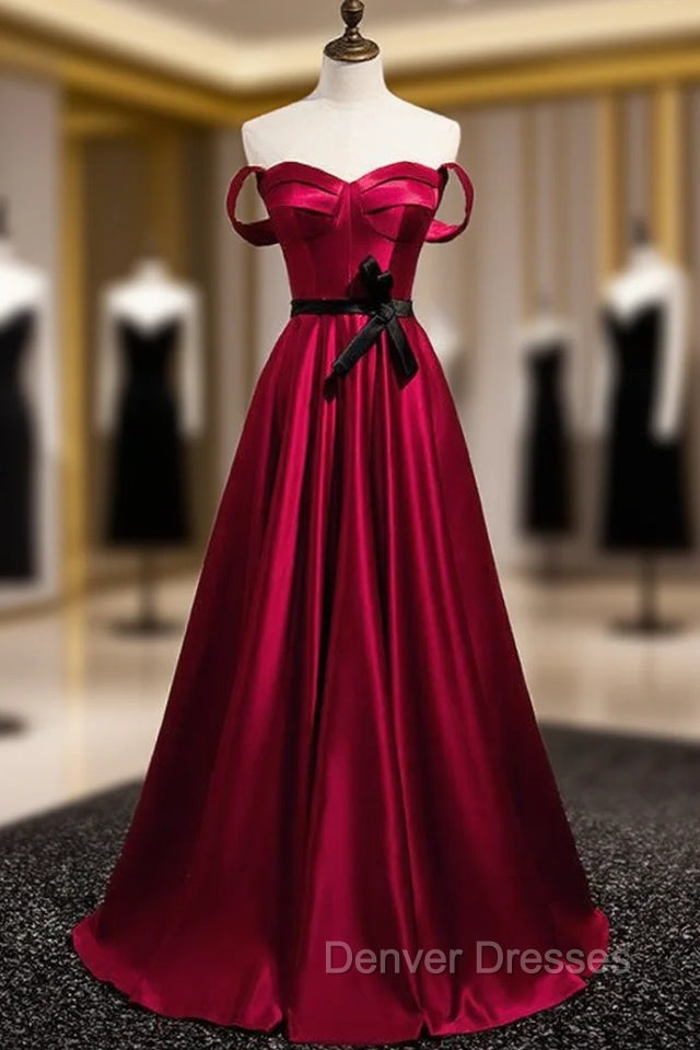 Burgundy Satin Sweetheart Prom Dress With Belt