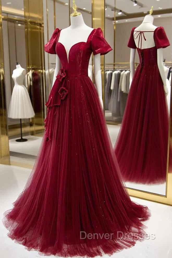Burgundy Satin Tulle Long Prom Dress, A-Line Short Sleeve Evening Party Dress Secondary image