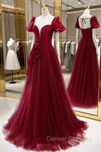Burgundy Satin Tulle Long Prom Dress, A-Line Short Sleeve Evening Party Dress