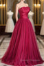 Burgundy Satin Tulle Long Prom Dress, A-Line Strapless Evening Dress