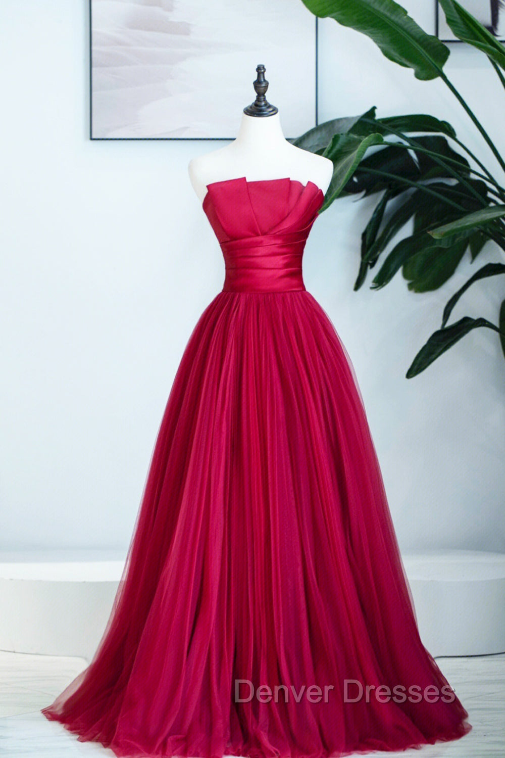 Burgundy Satin Tulle Long Prom Dress, A-Line Strapless Evening Dress Main image