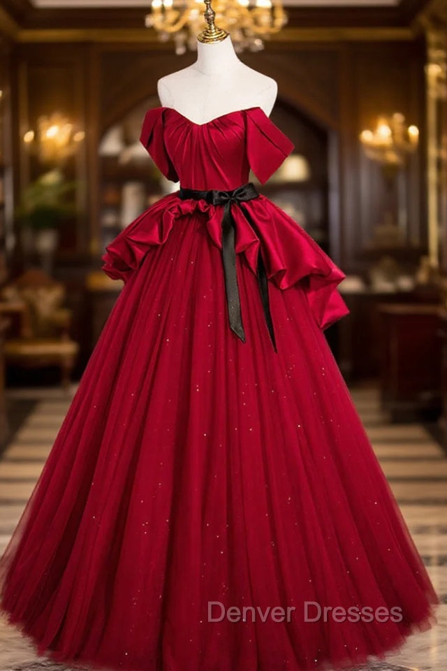 Burgundy Satin Tulle Long Prom Dress, Off Shoulder Evening Dress