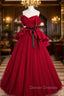 Burgundy Satin Tulle Long Prom Dress, Off Shoulder Evening Dress