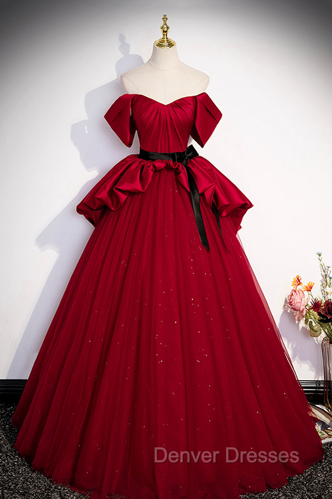 Burgundy Satin Tulle Long Prom Dress, Off Shoulder Evening Dress Main image