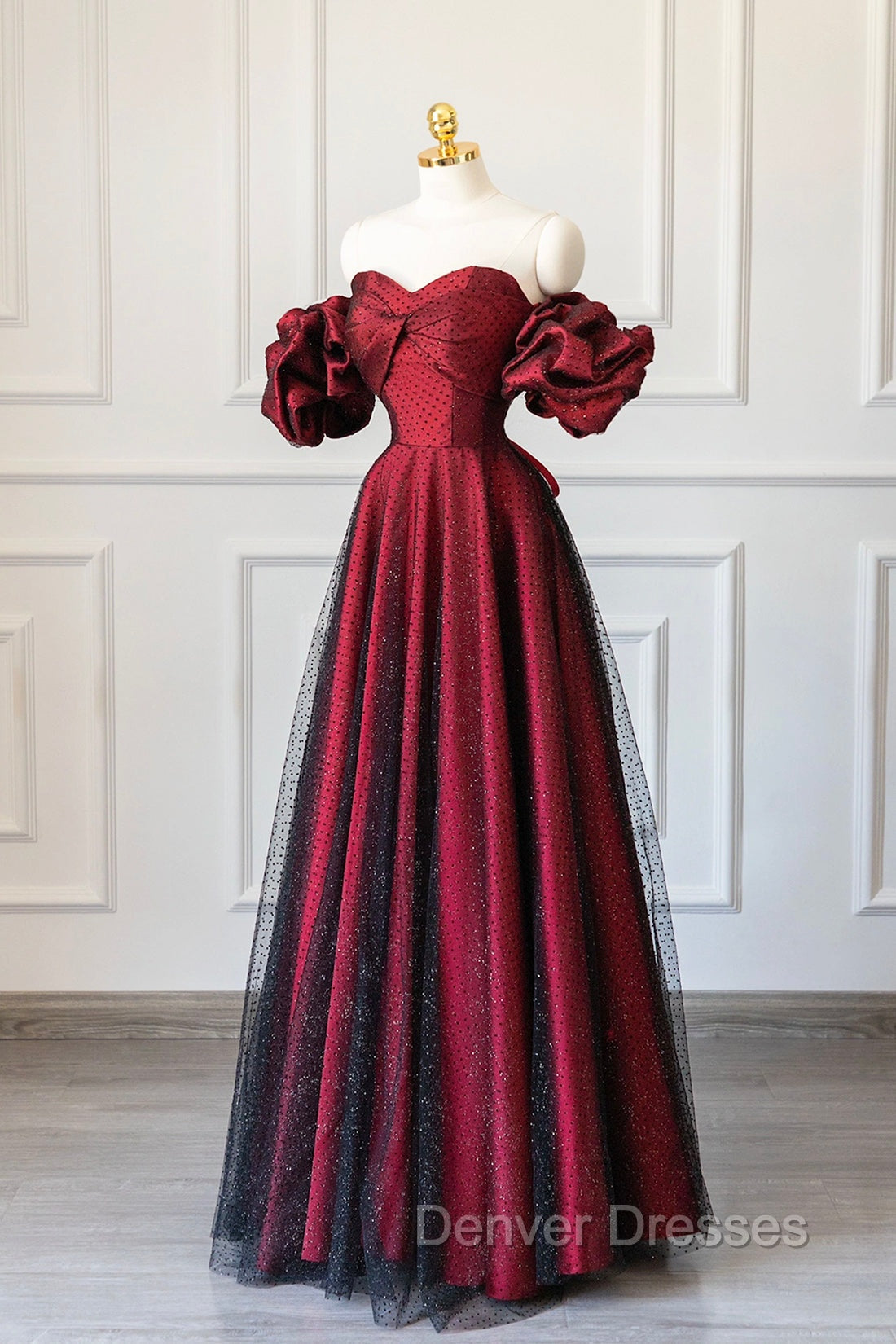 Burgundy Satin Tulle Long Prom Dress, Off Shoulder Evening Party Dress Main image