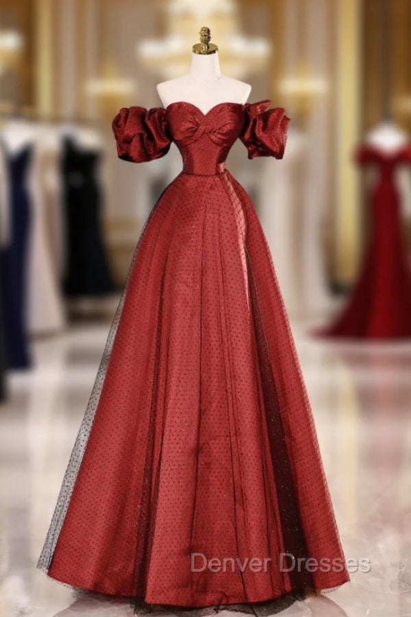 Burgundy Satin Tulle Long Prom Dress, Off the Shoulder Evening Party Dress Main image