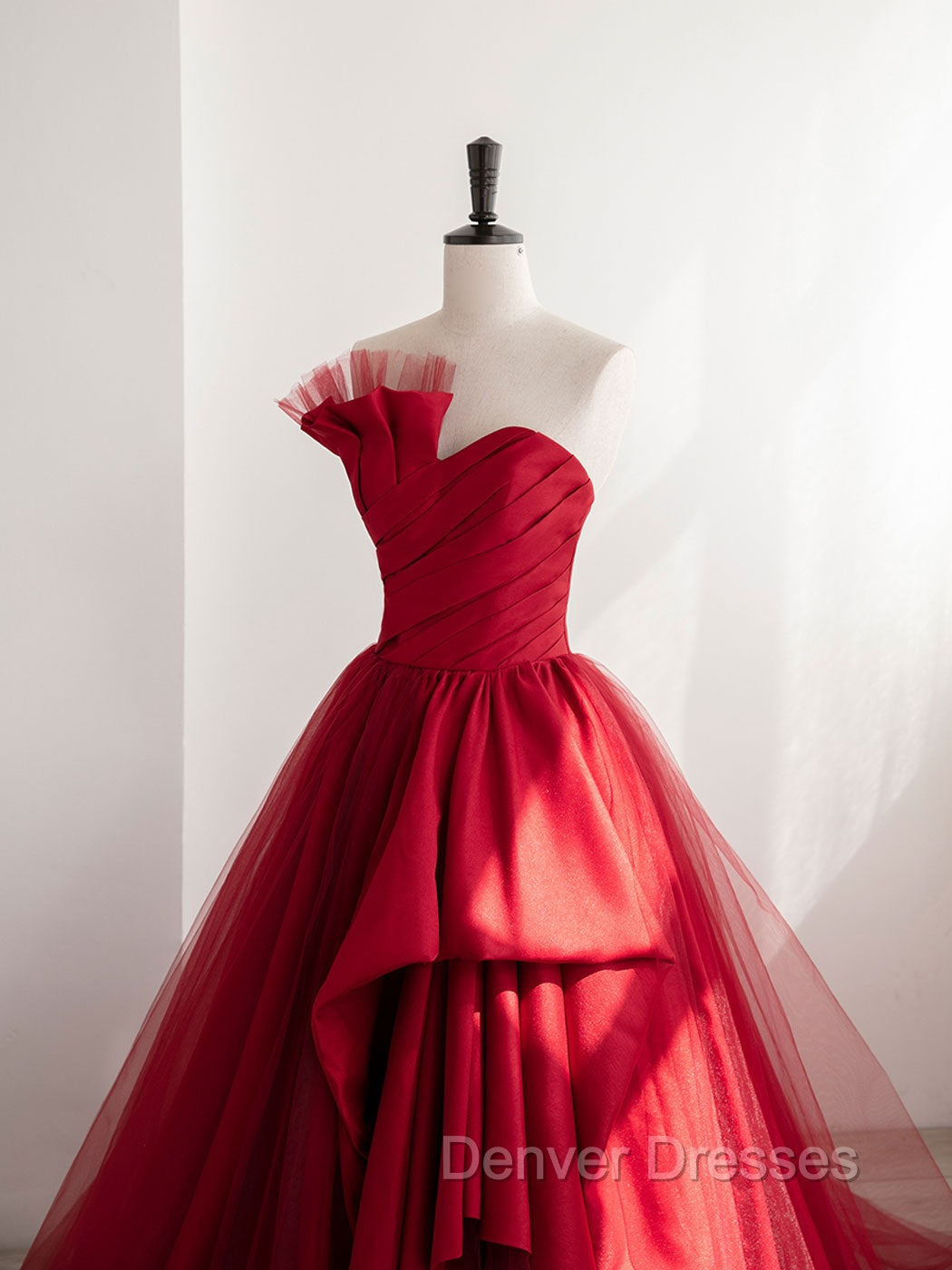 Burgundy Satin Tulle Long Prom Dress, Burgundy Formal Evening Dress Secondary image