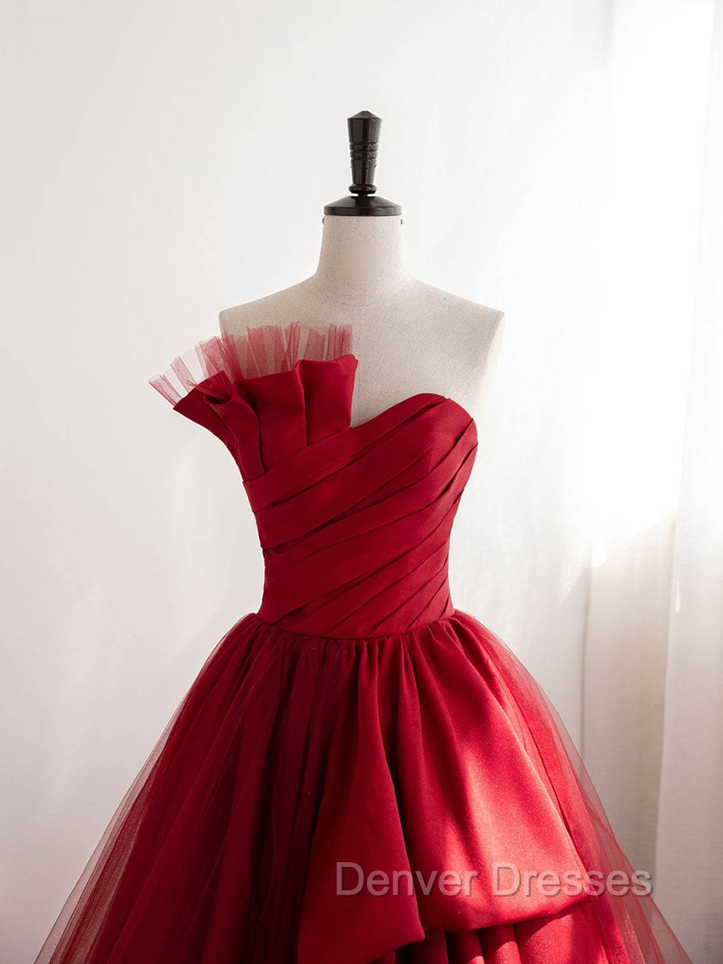 Burgundy Satin Tulle Long Prom Dress, Burgundy Formal Evening Dress