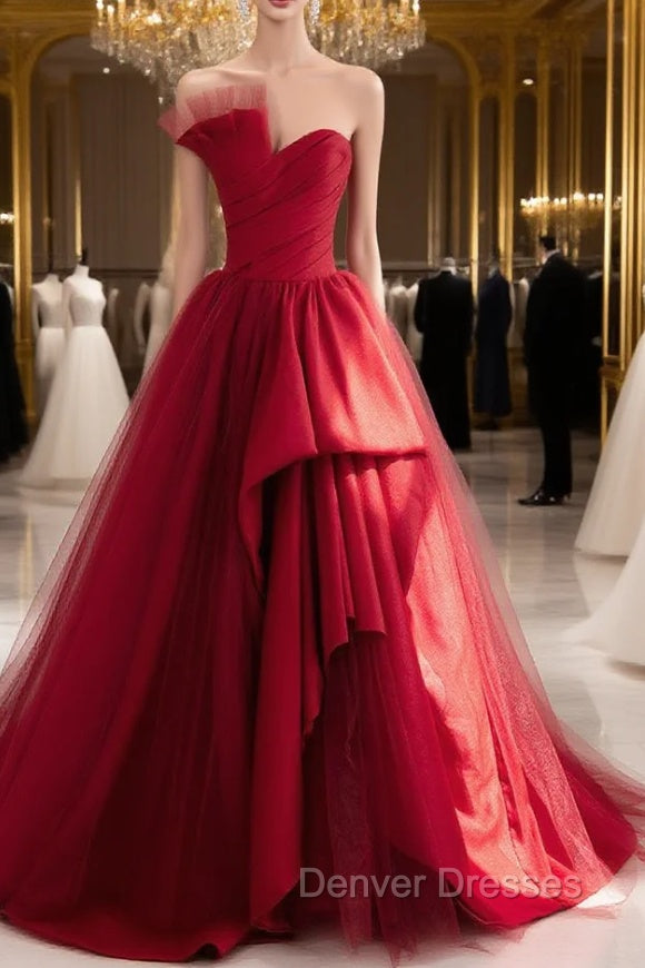 Burgundy Satin Tulle Long Prom Dress, Burgundy Formal Evening Dress