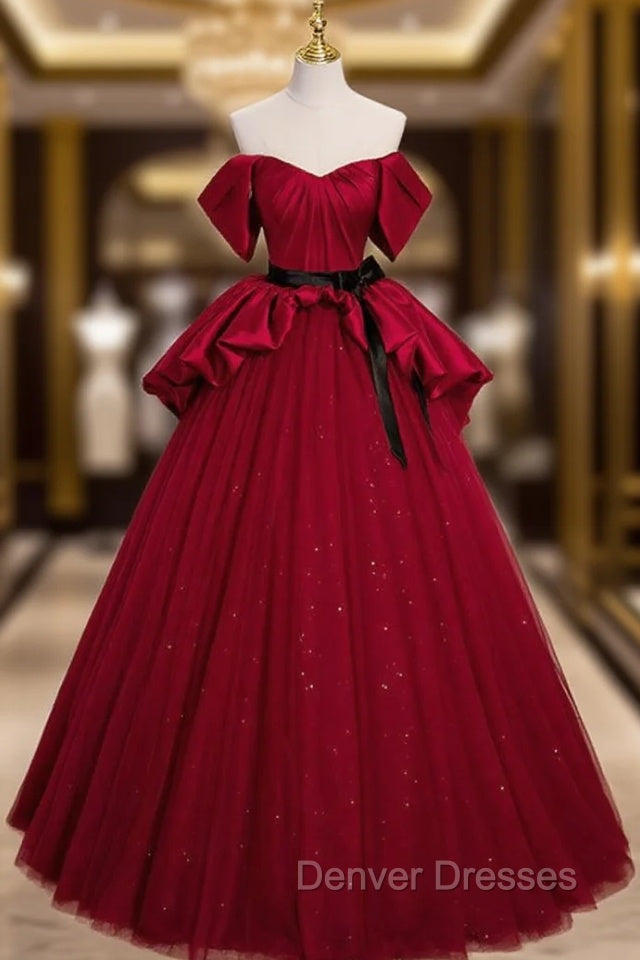 Burgundy Satin Tulle Off the Shoulder Prom Dress