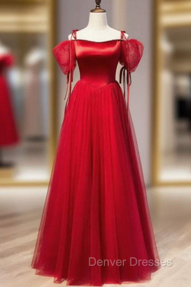 Burgundy Satin Tulle Spaghetti Straps Prom Dress