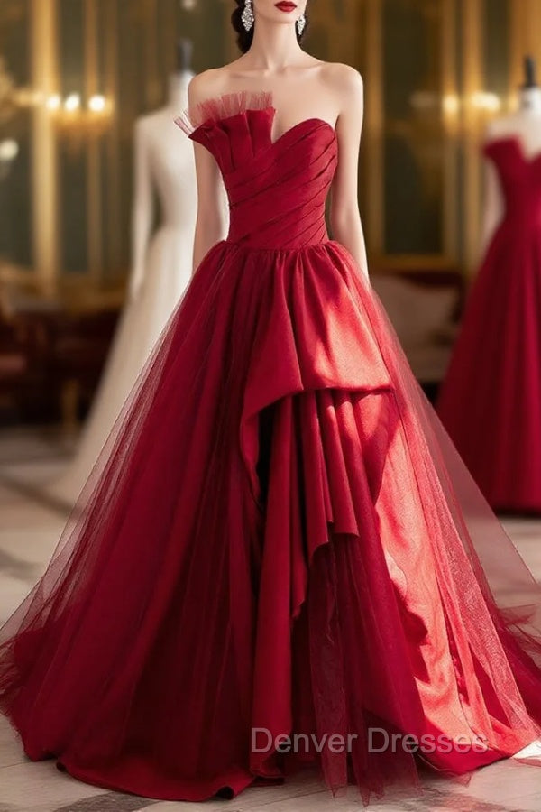 Burgundy Satin Tulle Strapless Pleats Prom Dress Main image