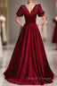 Burgundy Satin V-neck Beading Puff Sleeve prom Dress