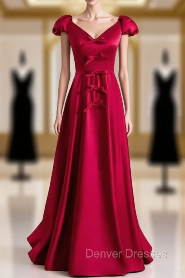 Burgundy Satin V-neck Cap Sleeve Bow Prom Dress
