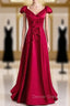 Burgundy Satin V-neck Cap Sleeve Bow Prom Dress