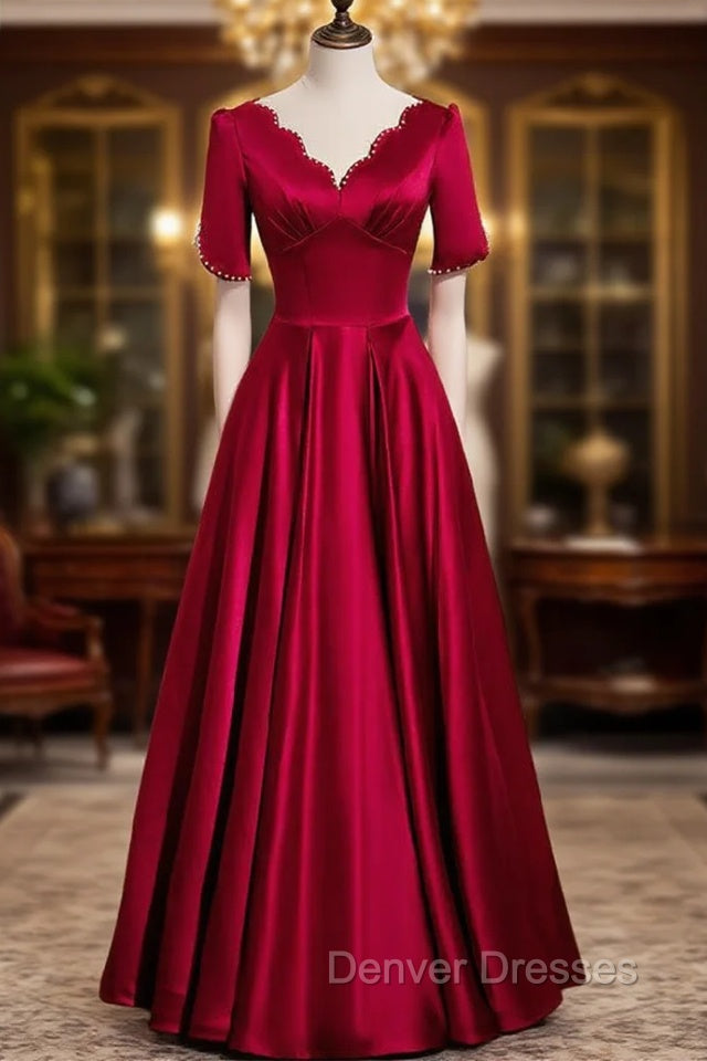 Burgundy Satin V-neck Pearls Prom Dress
