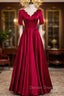Burgundy Satin V-neck Pearls Prom Dress