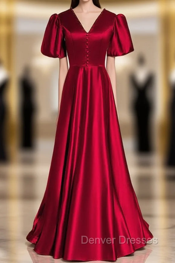 Burgundy Satin V-neck Puff Sleeve Backless Prom Dress