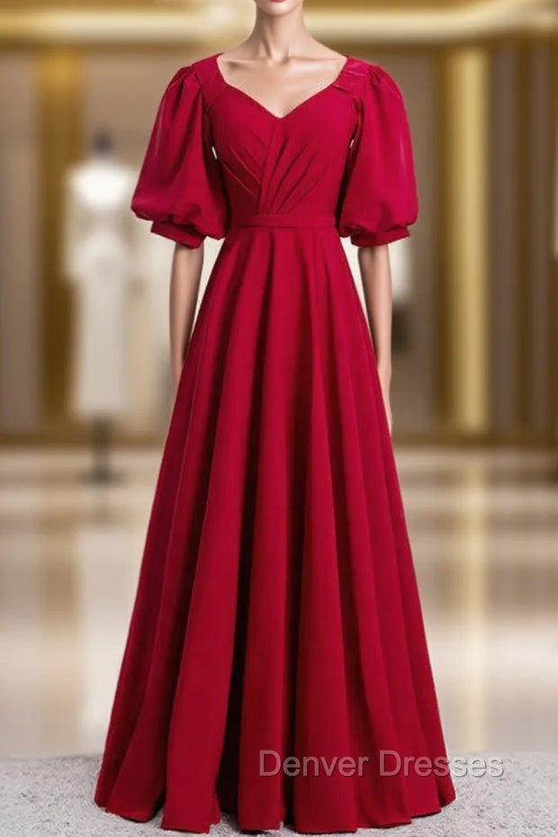 Burgundy Satin V-neck Puff Sleeve Pleats Prom Dress Main image