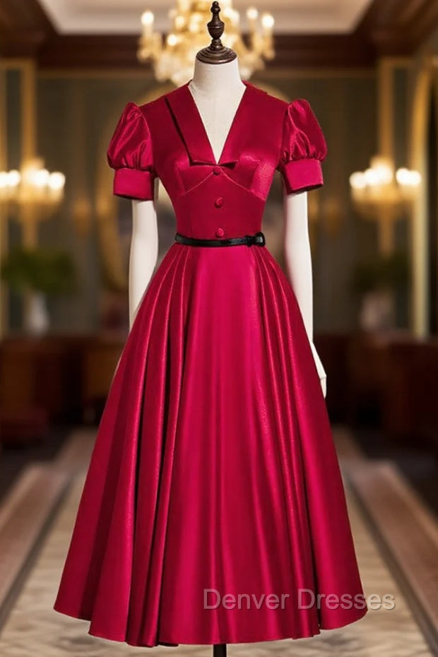 Burgundy Satin V-neck Puff Sleeve Prom Dress Main image
