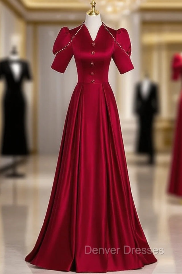 Burgundy Satin V-neck Short Sleeve Pearls Prom Dress Main image