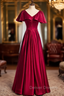 Burgundy Satin V-neck Short Sleeve Prom Dress