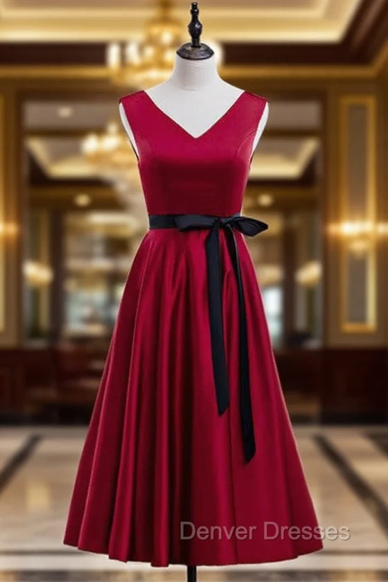 Burgundy Satin V-neck Tea Length Prom Dress With Sash Main image