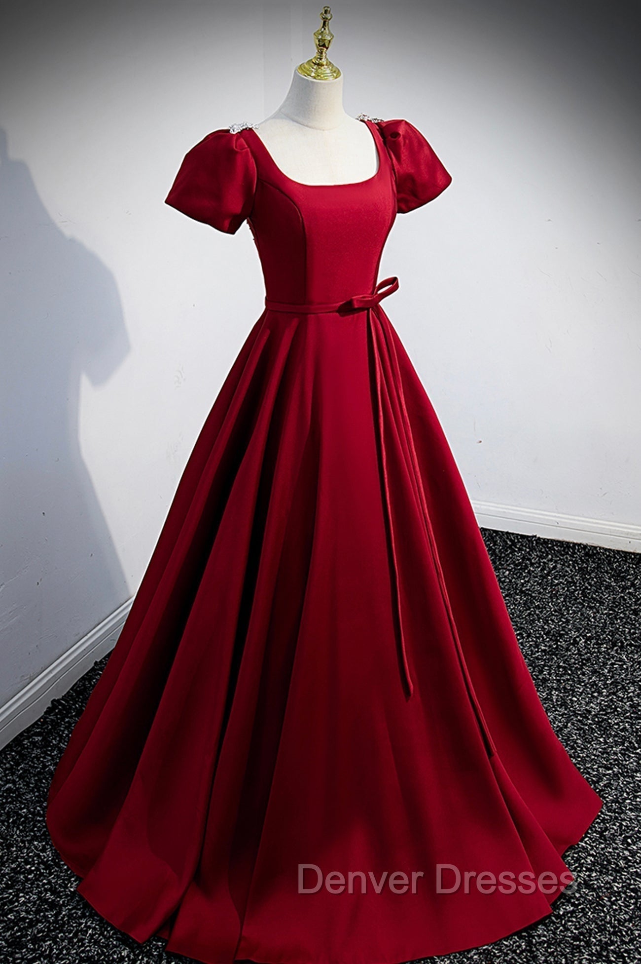 Burgundy Scoop Neckline Satin Long Prom Dress, Short Sleeve Evening Dress Secondary image