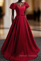 Burgundy Scoop Neckline Satin Long Prom Dress, Short Sleeve Evening Dress