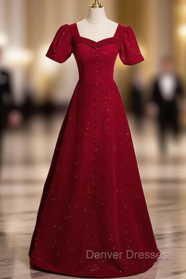 Burgundy Sequare Puff Sleeve Prom Dress Main image